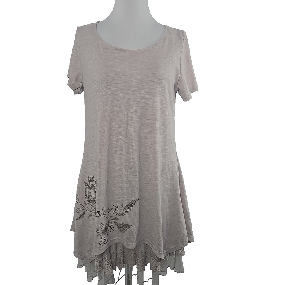 Arianna By Howard Jr L/XL Jersey Mesh Layered Short Sleeve T-shirt Dress‎ Beige